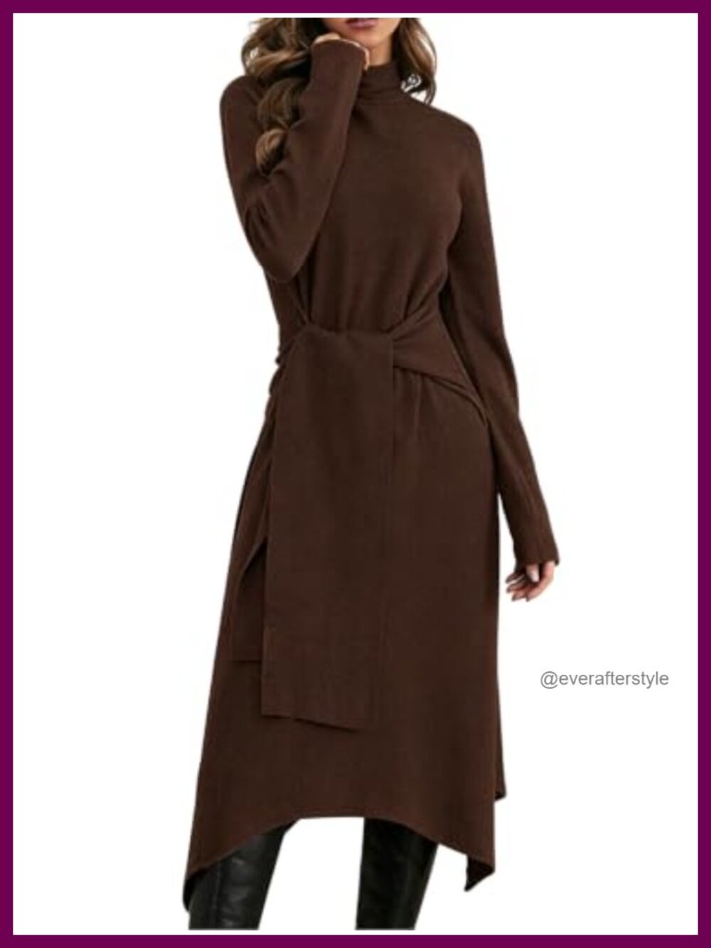 Tie Waist A-Line Turtleneck Long Winter Sweater Dress Midi
